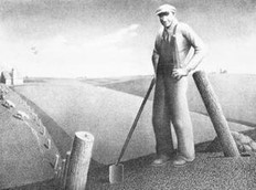 20th century painting of a farming man with a spade